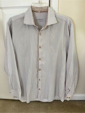 Italian White Button-Down Shirt with Navy Micro Pattern